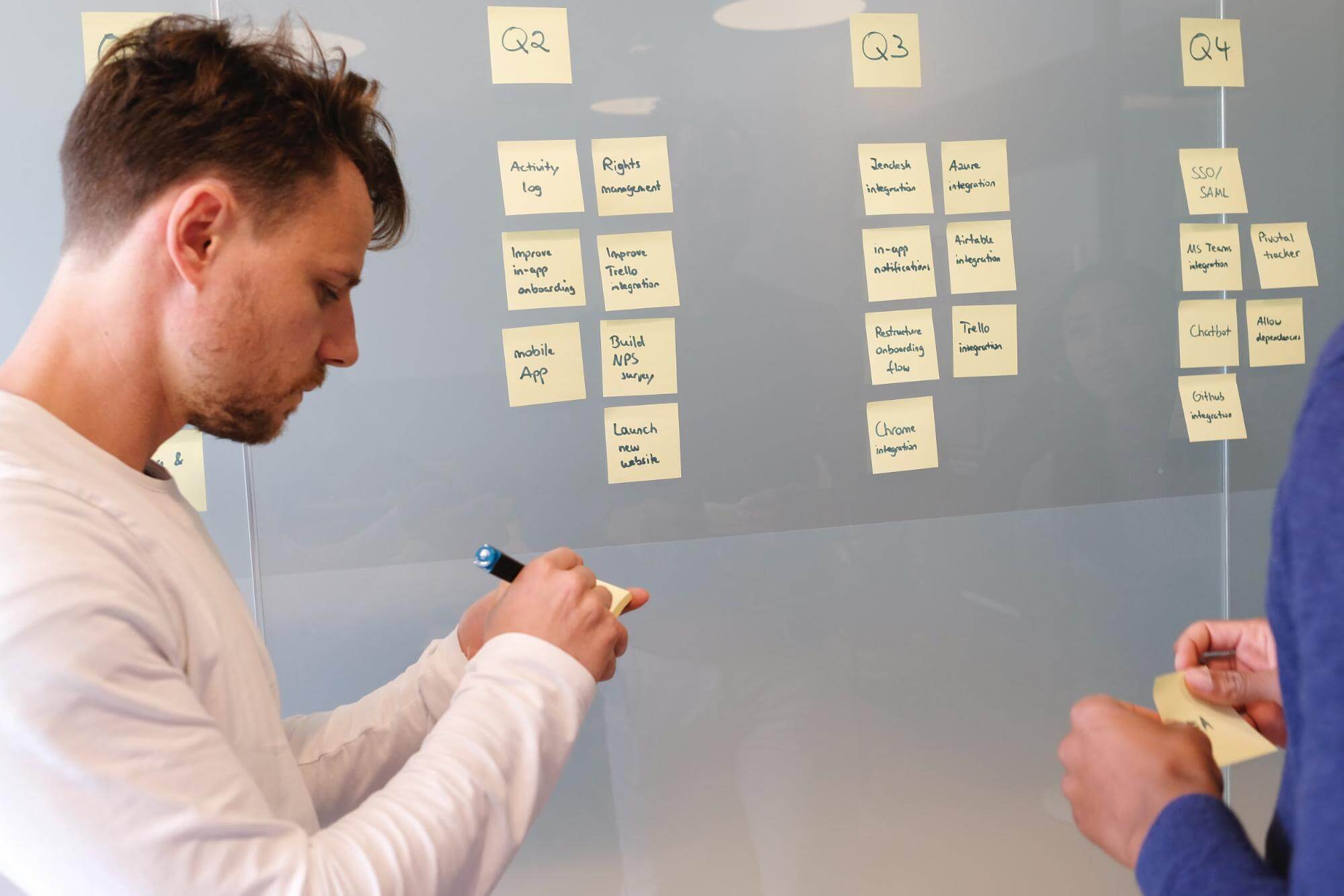 Product managers planning with sticky notes